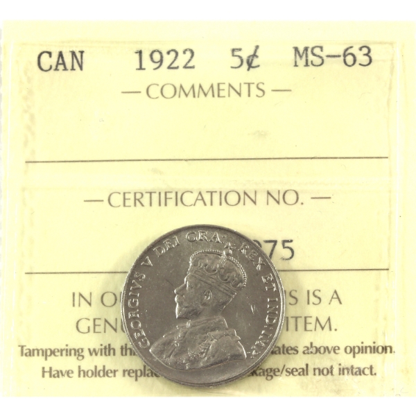 5-cent 1922 Near Rim ICCS MS63