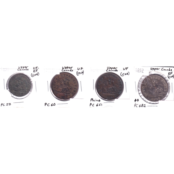 Group Lot of 1852-1857 Upper Canada Penny & Half Penny Tokens VF to EF in 4-Pocket Sheet. 4pcs.
