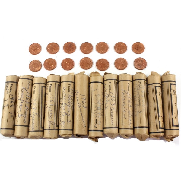 Bulk Lot of 1-cent 1963 Rolls of 50pcs w/ Some Loose Coins. 12 Rolls