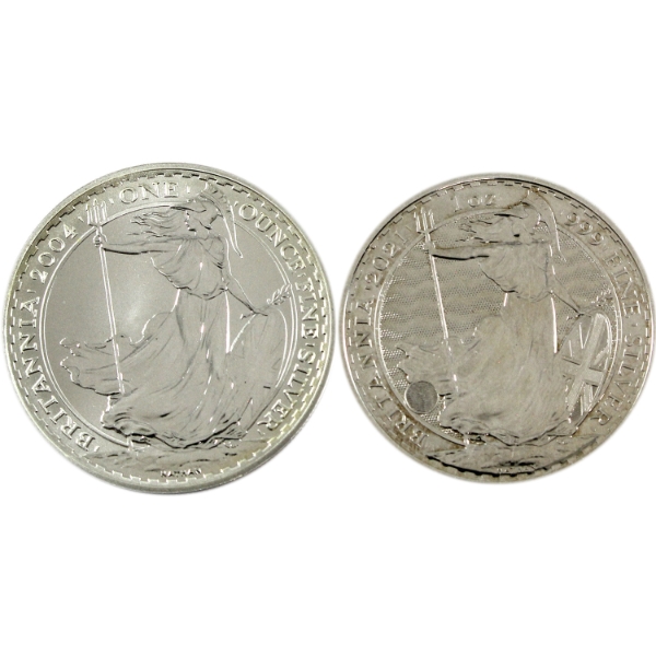 2x 1oz Great Britain 2004 & 2021 £2 Britannia .999 Silver Rounds. 2pcs (Tax Exempt)