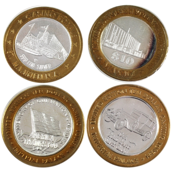 Group Lot of Special Edition 10 Dollar .999 Fine Silver Casino Gaming Tokens. 4pcs. (Tax Exempt)
