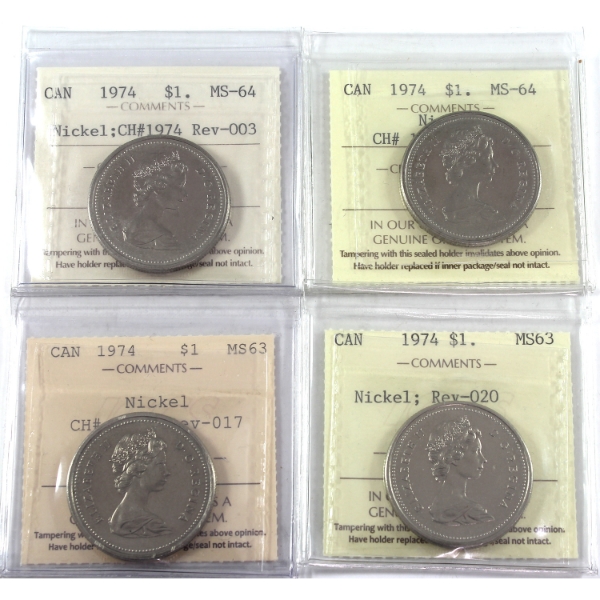 Group Lot of Nickel $1 1974 Double Yolk Varieties ICCS MS63 to MS64. 4pcs.