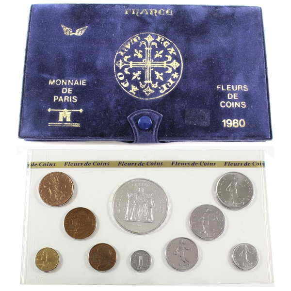 France 1980 Fleurs de Coins Set in Blue Velvet Case