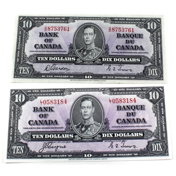 BC-24b & BC-24c 1937 $10 Coyne-Towers SN:L/T0583184 & Gordon/Towers SN:S/D8753761. 2pcs.