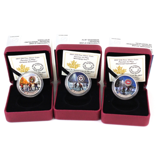 2017 $10 Passion to Play - Ottawa Senators, Montreal Canadiens & Winnipeg Jets Fine Silver. 3pcs.