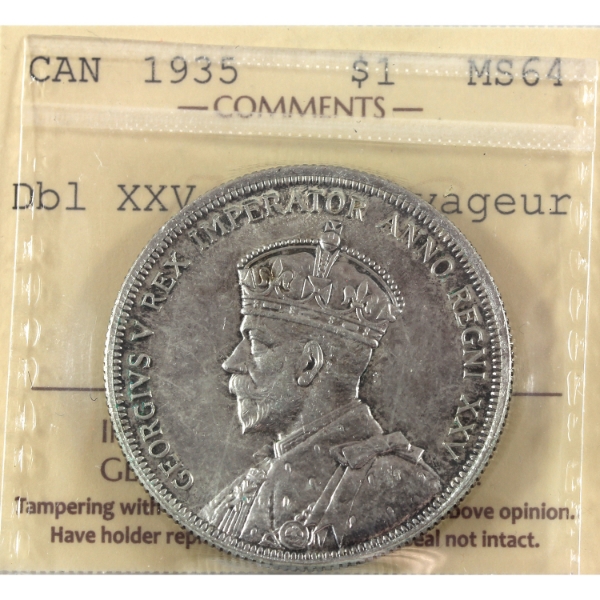 Silver $1 1935 Dbl XXV; Double Voyageur ICCS MS64