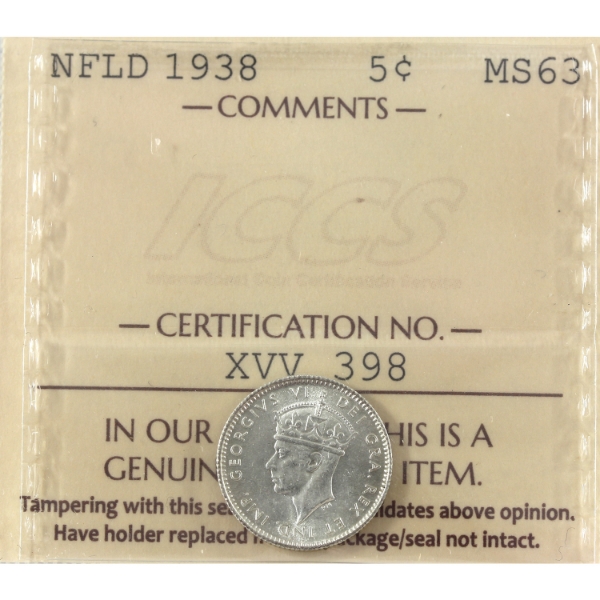 Newfoundland 5-cent 1938 ICCS MS63
