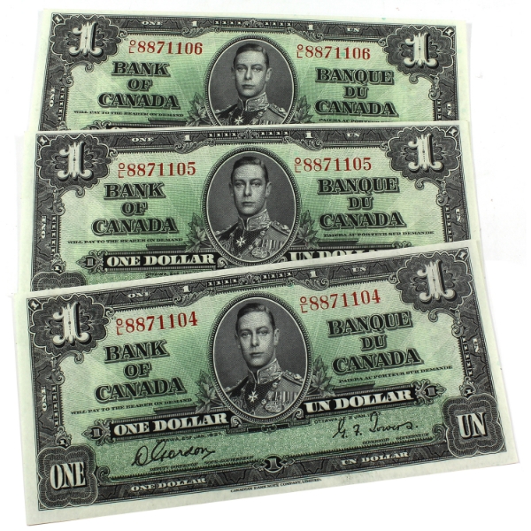 BC-21c 1937 $1 Consecutive Notes in Sequence Gordon-Towers SN: O/L8871104 to " 06. 3pcs