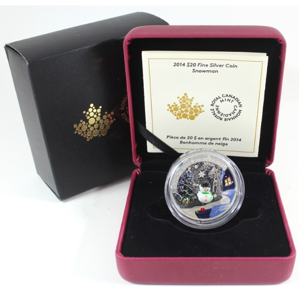 2014 $20 Snowman Fine Silver Coin w/ Venetian Glass Embellishment & Selective Colour