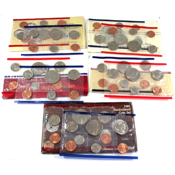 USA 1985-1990 Uncirculated D & P Mint Mark Coin Sets. 5pcs.