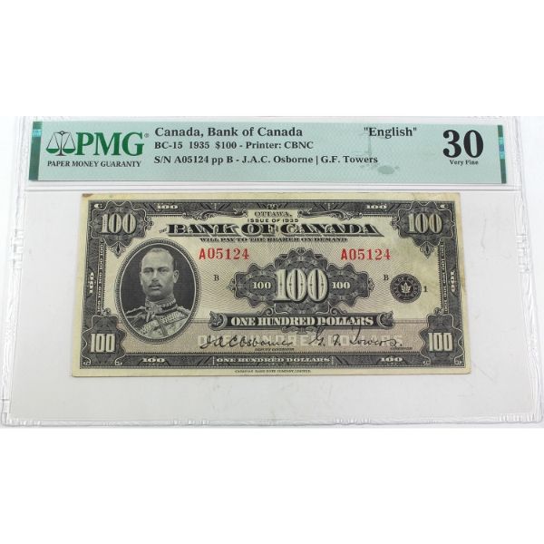 BC-15 1935 $100 English PMG VF30 Osborne-Towers SN: A05124 ppB
