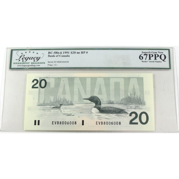 RADAR BC-58b-ii 1991 $20 3-digit RADAR Legacy Superb GEM UNC67 PPQ Bonin-Thiessen SN: EVB8006008