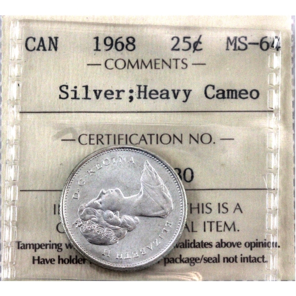 25-cent 1968 Silver ICCS MS64 Heavy Cameo