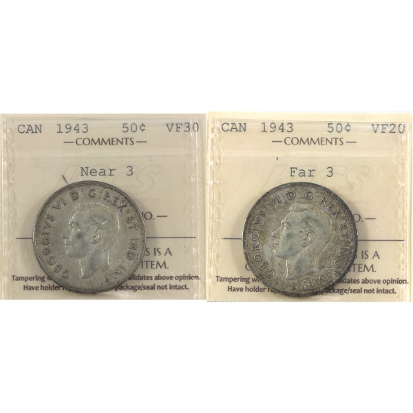 50-cent 1943 Near 3 VF30 & Far 3 VF20 ICCS. 2pcs