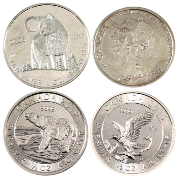 4x 1/2oz 2006 Wolf, 2015 Calgary Stampede, 2016 Bald Eagle & 2019 Polar Bear .9999 Silver Rounds