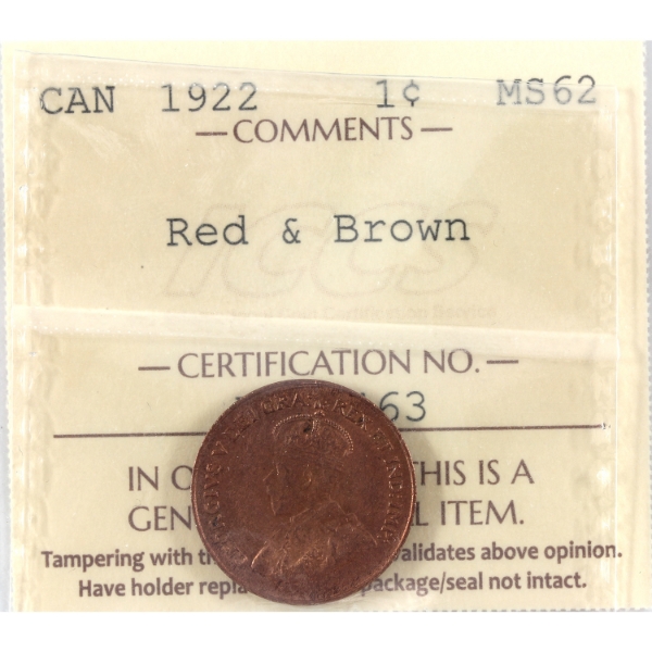1-cent 1922 ICCS MS62 Red & Brown