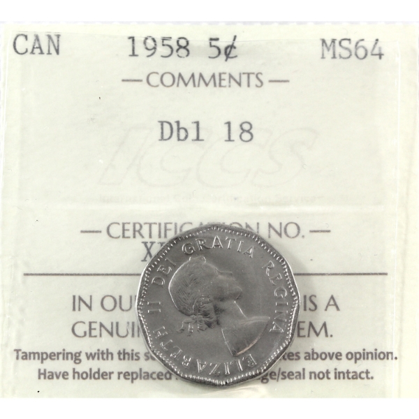 5-cent 1958 Double 18 ICCS MS64