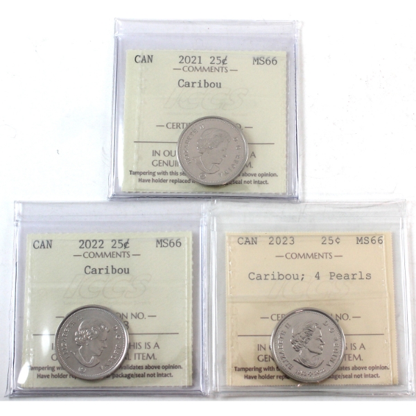 25-cent 2021, 2022 & 2023 4 Pearls ICCS MS66. 3pcs. 