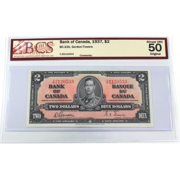 BC-22b 1937 $2 BCS AU50 Original Gordon-Towers SN: Y/B2120533