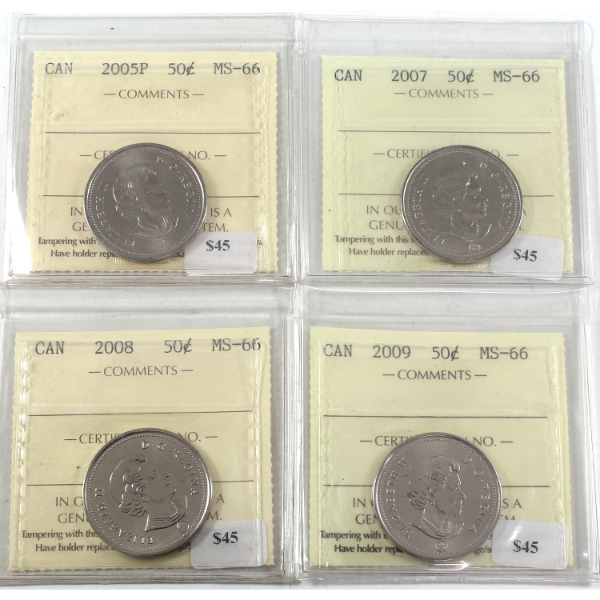 50-cent 2005P, 2007, 2008 & 2009 ICCS MS66. 4pcs