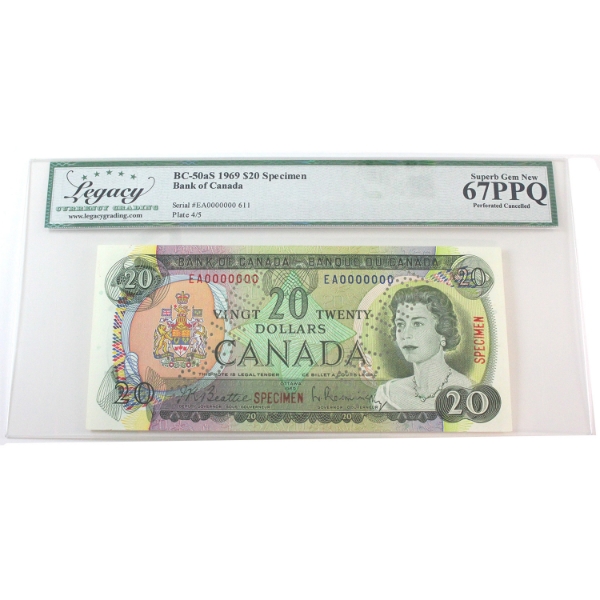 BC-50aS 1969 $20 Specimen Legacy Superb GEM UNC67 PPQ Beattie-Rasminsky SN: EA0000000 611
