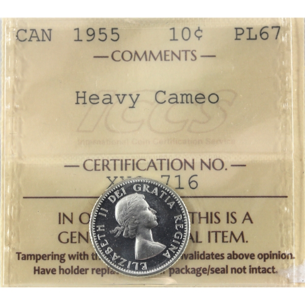 10-cent 1955 ICCS PL67 Heavy Cameo