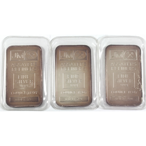 3x 1oz Johnson Matthey c.1980 TD Bank .999 Silver Bars. 3pcs. *Consecutive SNs!* (Tax Exempt)