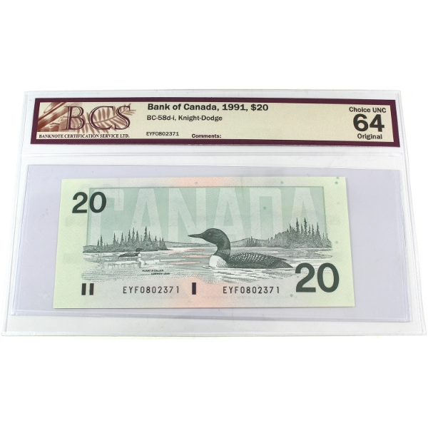 BC-58d-i 1991 $20 BCS Choice UNC64 Original Knight-Dodge SN:EYF0802371