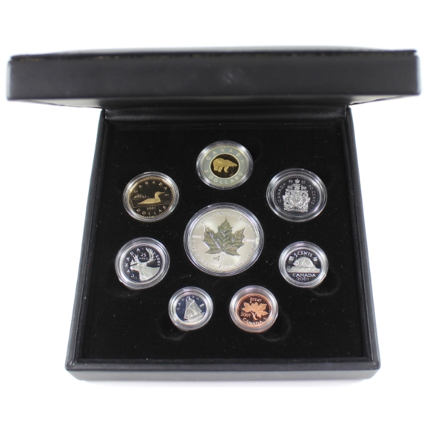 2001 8-Piece Premium Proof Set w/ Snake Privy $5 .9999 Fine Silver Maple Leaf Coin