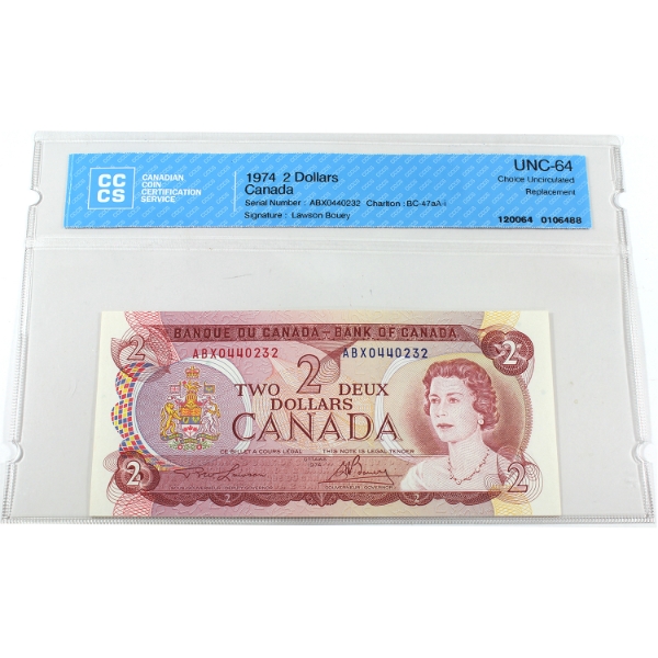 BC-47aA-i 1974 $2 CCCS CUNC64 Lawson-Bouey Replacement Note SN:ABX0440232