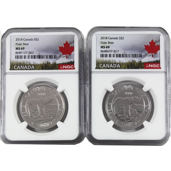 2x 1/2oz 2018 $2 Polar Bear .9999 Fine Silver Rounds NGC MS69. 2pcs. (Tax Exempt)