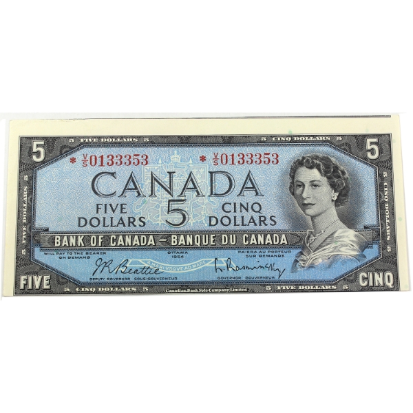 ERROR BC-39bA-E25-i 1954 $5 Out of Register Error AU Beattie-Rasminsky SN: *V/S0133353