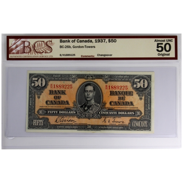 BC-26b 1937 $50 BCS AU50 Original Gordon-Towers, Changeover SN: B/H1889225