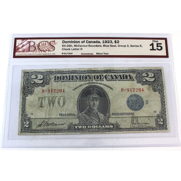DC-26h 1923 $2 BCS F15 McCavour-Saunders, Blue Seal, Group 2, Series R, Check Letter D 