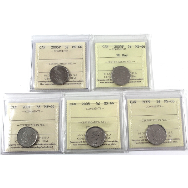 5-cent 2005P, 2005P VE Day, 2007, 2008, & 2009 ICCS MS66. 5pcs.