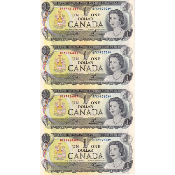 BC-46b 1973 $1 Uncut Sheet of 4 Notes Crow-Bouey BFK Prefix