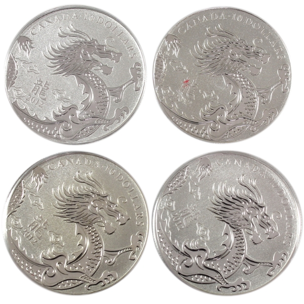 4x 2012 $10 Year of the Dragon 1/2oz .9999 Fine Silver Coin. 4pcs. (Tax Exempt)