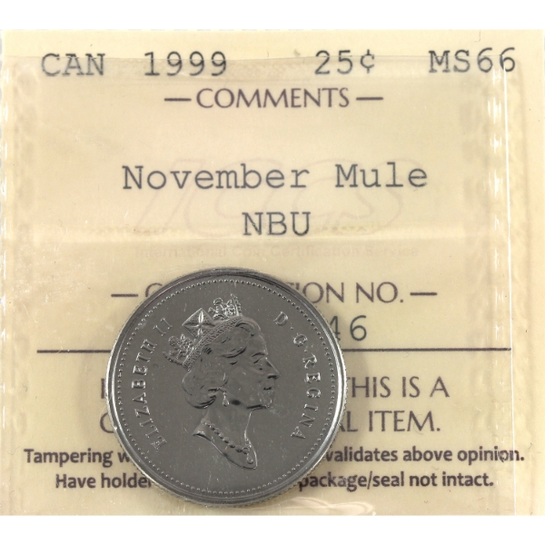 Error 25-cent 1999 November Mule ICCS MS66 NBU (No 25-cents)