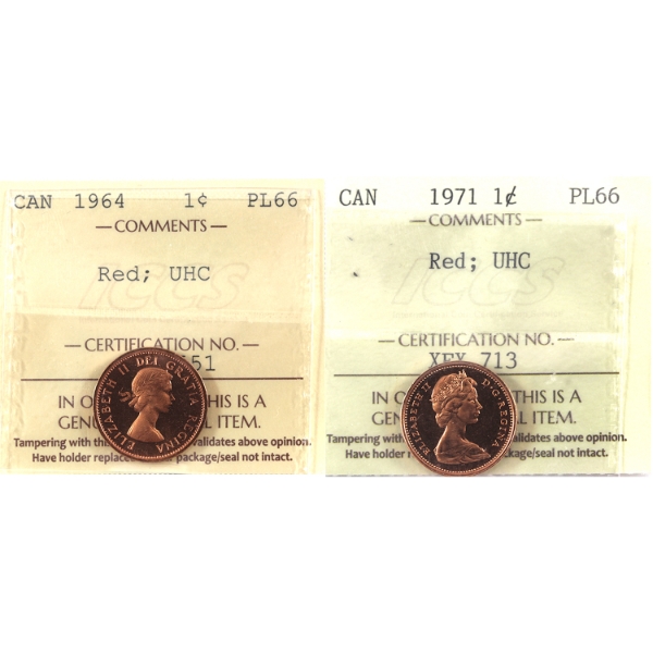 1-cent 1964 & 1971 ICCS PL66 Red Ultra Heavy Cameo. 2pcs.