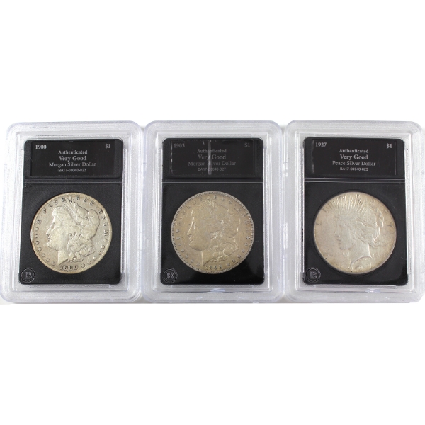 USA Silver 1900-1927 Morgan & Peace Dollars Bradford Authenticated VG. 3pcs.
