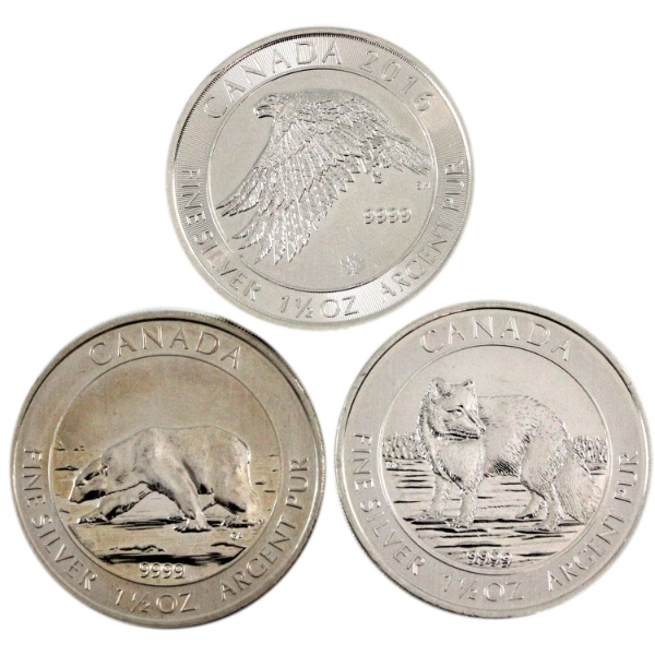 3x 1.5oz $8 2013 Polar Bear, 2014 Arctic Fox & 2016 Snow Falcon .9999 Fine Silver Rounds. 3pcs.