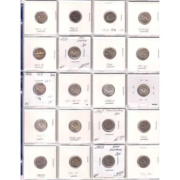 Bulk Collection of New Zealand Threepence 1933-1965 F12 to UNC in 20-Pocket Sheets. 34pcs.