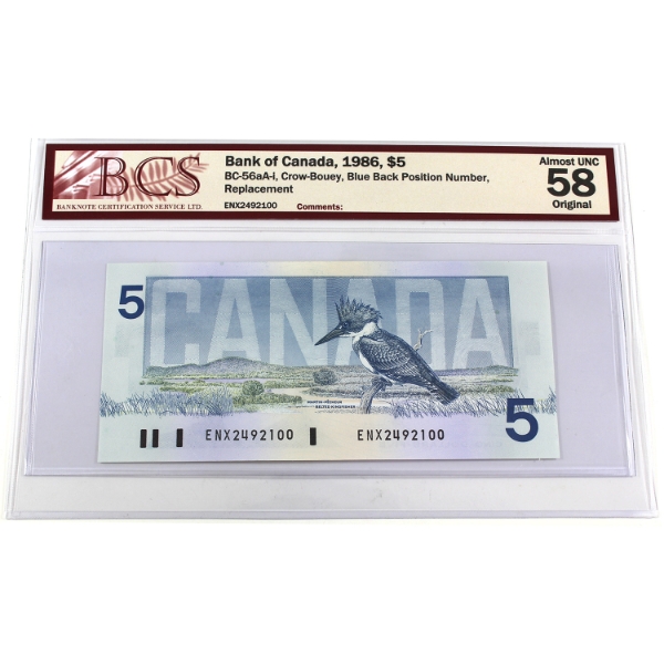 BC-56aA-i 1986 $5 BCS AU58 Original Crow-Bouey Blue Back Position Number, Replacement Note 