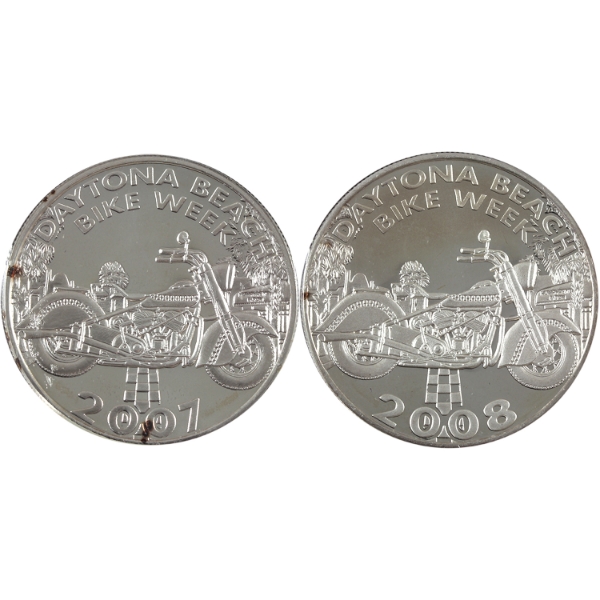USA 2007 & 2008 Daytona Beach Bike Week 1oz .999 Fine Silver Medallions. 2pcs. (Tax Exempt)