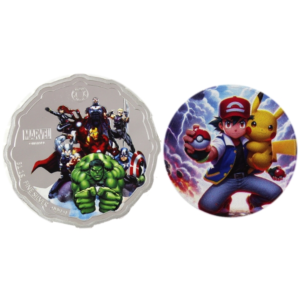 2x 1oz Marvel Avengers & Pokémon Ash & Pikachu .999 Fine Silver Rounds. 2pcs (Tax Exempt)