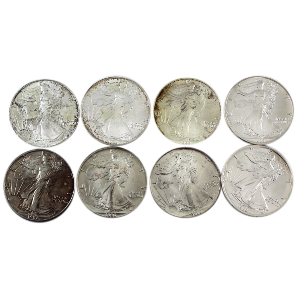 1oz USA 1987-1990 $1 Silver Eagles .999 Silver Coins. 8pcs. (Tax Exempt)