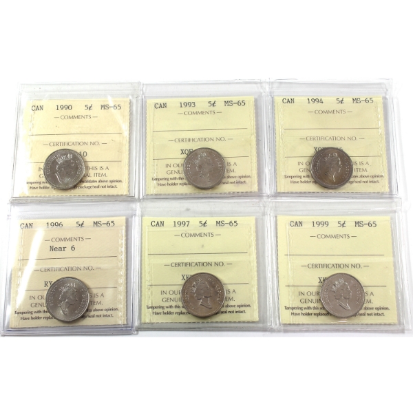 5-cent 1990, 1993, 1994, 1996 Near 6, 1997, & 1999 ICCS MS65. 6pcs.