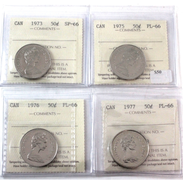 50-cent 1973 SP66, 1975, 1976 & 1977 PL66 ICCS. 4pcs.