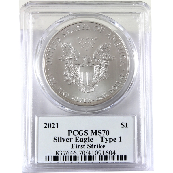 USA Silver 2021 $1 Silver Eagle - Type I First Strike 1oz .999 Fine Silver Coin PCGS MS70