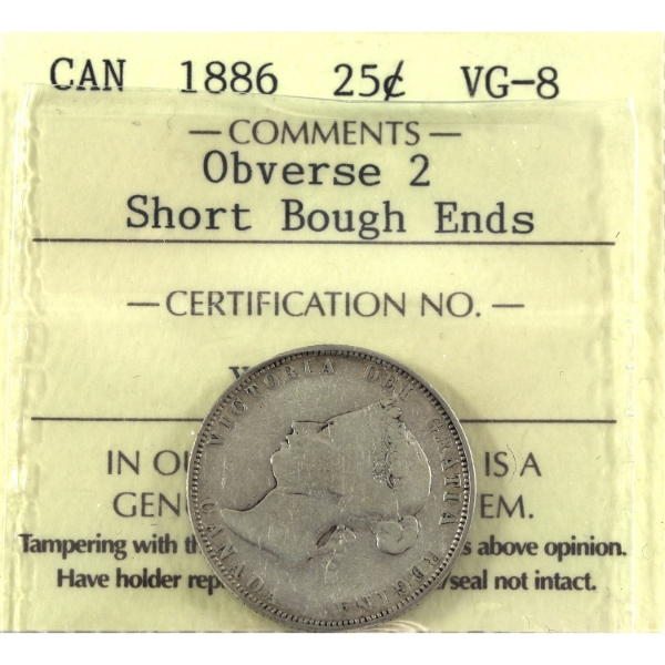 25-cent 1886 Obverse 2 Short Bough Ends ICCS VG8